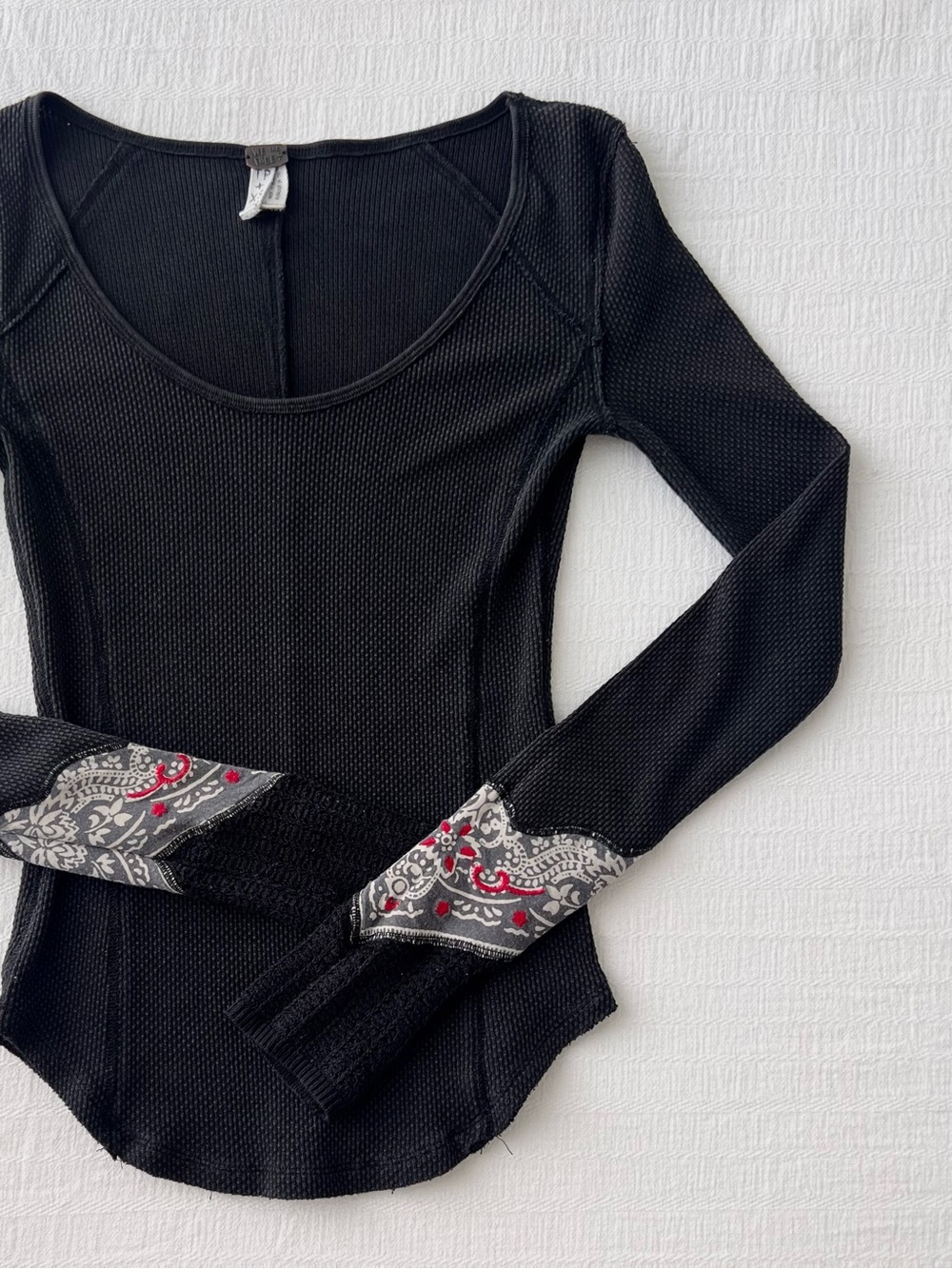 WE THE FREE Black Bandana Cuff Thermal  Long Sleeve Top